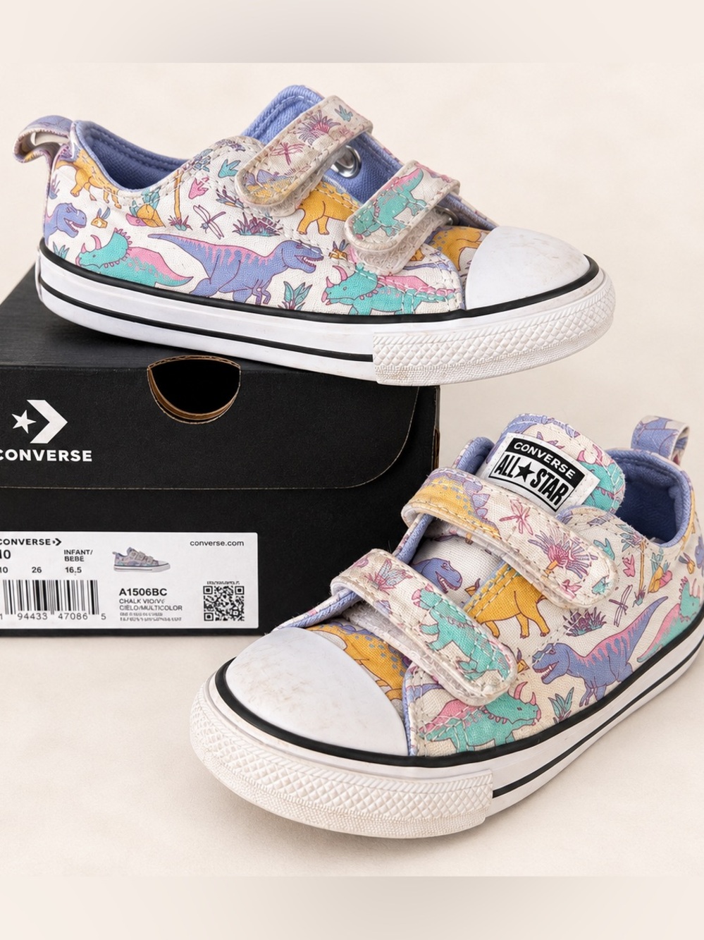 Converse Kids Size 10 Dinosaur Low Top Sneakers - Purple, Teal, Yellow Dino